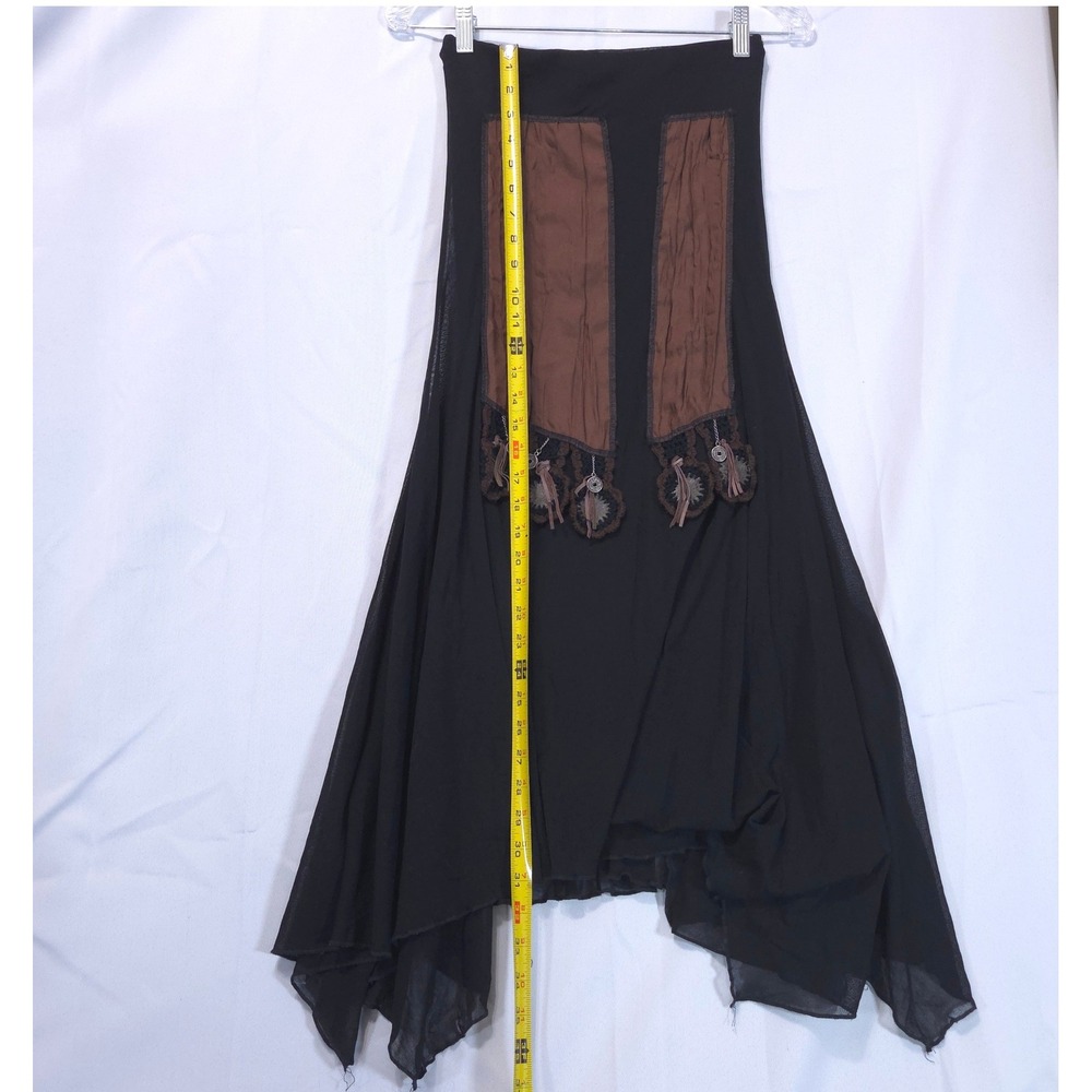 VTG Hazel Boho Mesh Maxi Skirt S Y2K Fairy Grunge Asymmetrical Coin Tassel Black - Picture 12 of 12